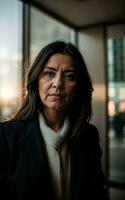 photo of serious office working woman with high rise building in background, generative AI