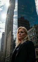 photo of serious office working woman with high rise building in background, generative AI