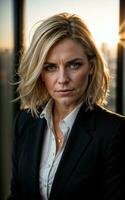 photo of serious office working woman with high rise building in background, generative AI