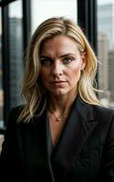 photo of serious office working woman with high rise building in background, generative AI