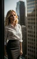 photo of serious office working woman with high rise building in background, generative AI