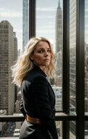 photo of serious office working woman with high rise building in background, generative AI