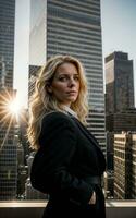 photo of serious office working woman with high rise building in background, generative AI