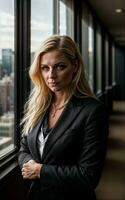 photo of serious office working woman with high rise building in background, generative AI