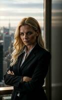 photo of serious office working woman with high rise building in background, generative AI