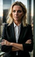 photo of serious office working woman with high rise building in background, generative AI