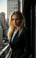 photo of serious office working woman with high rise building in background, generative AI