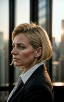 photo of serious office working woman with high rise building in background, generative AI