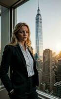 photo of serious office working woman with high rise building in background, generative AI