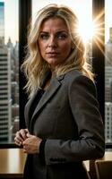 photo of serious office working woman with high rise building in background, generative AI