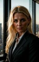 photo of serious office working woman with high rise building in background, generative AI