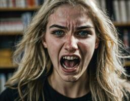 foto de enojado niña adolescente en escuela, generativo ai