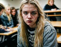 photo of angry girl teenager in school, generative AI
