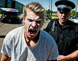 foto de enojado chico adolescente debajo controlar con policía, generativo ai