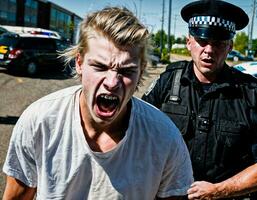 photo of angry boy teenager under control with police, generative AI