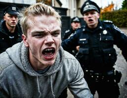 photo of angry boy teenager under control with police, generative AI