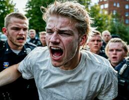 photo of angry boy teenager under control with police, generative AI