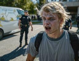 photo of angry boy teenager under control with police, generative AI