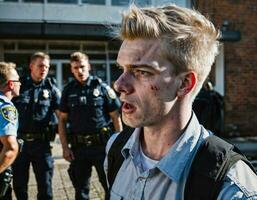 photo of angry boy teenager under control with police, generative AI