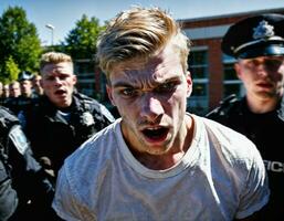 photo of angry boy teenager under control with police, generative AI