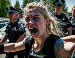 photo of angry girl teenager under control with police, generative AI