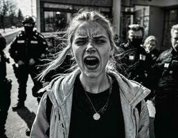photo of angry girl teenager under control with police, generative AI