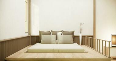 Japan style empty room decorated with wooden bed, white wall and wooden wall. photo