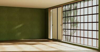 Empty room - green wall on wood floor interior and decorations plants. 3D rendering photo