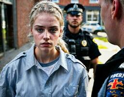 photo of angry girl teenager under control with police, generative AI