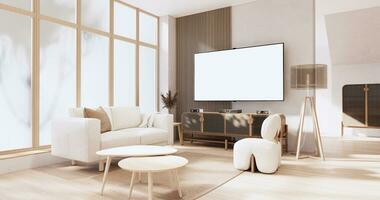 Living room, cabinet Tv and sofa armchair minimalist design muji style. photo