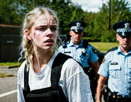 photo of angry girl teenager under control with police, generative AI