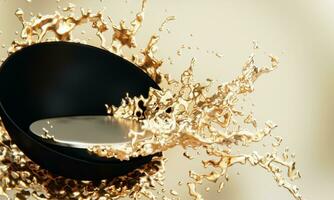 the product display stand and gold water splashing on background. photo