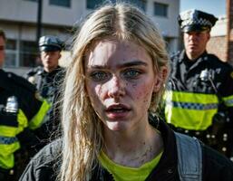 photo of angry girl teenager under control with police, generative AI