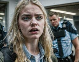 photo of angry girl teenager under control with police, generative AI