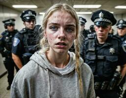 photo of angry girl teenager under control with police, generative AI