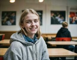 photo of happy girl teenager in canteen school, generative AI