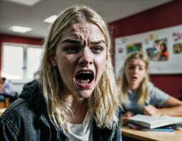 photo of angry girl teenager in school, generative AI