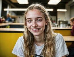 foto de contento niña adolescente en cantina escuela, generativo ai