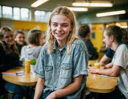 foto de contento niña adolescente en cantina escuela, generativo ai