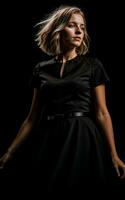 photo of woman wearing a black dress on black background, generative AI