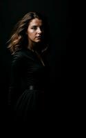 photo of woman wearing a black dress on black background, generative AI