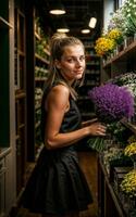 foto de mujer como un florista flor almacenar, generativo ai