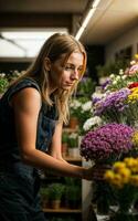 foto de mujer como un florista flor almacenar, generativo ai