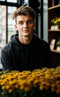 foto de hombre como un florista flor almacenar, generativo ai