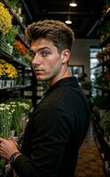 foto de hombre como un florista flor almacenar, generativo ai
