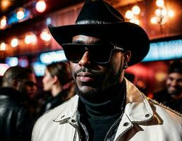 photo of black african man with white turtle neck ,black sunglasses, black leather jacket and white cowboy hat, generative AI