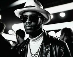 photo of black african man with white turtle neck ,black sunglasses, black leather jacket and white cowboy hat, generative AI