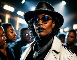 photo of black african woman with white turtle neck ,black sunglasses, black leather jacket and white cowboy hat, generative AI