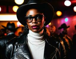 photo of black african woman with white turtle neck ,black sunglasses, black leather jacket and white cowboy hat, generative AI