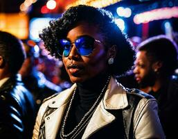 photo of black african woman with white turtle neck ,black sunglasses, black leather jacket and white cowboy hat, generative AI